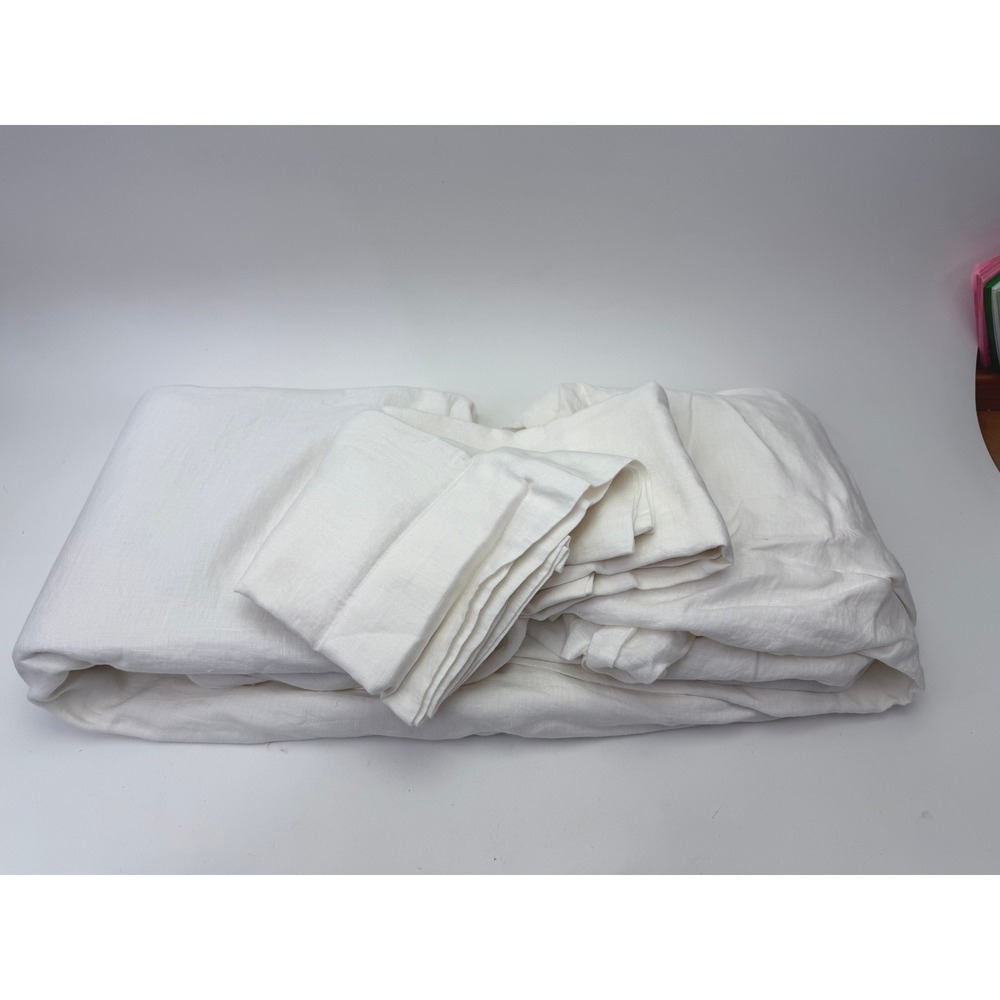 Quince European Linen Fitted Sheet Set King White with Pillowcases and Bag